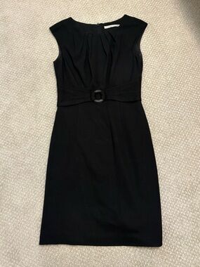 Trina Turk Black Sleeveless Midi Sheath Dress with Decorative Waist Buckle